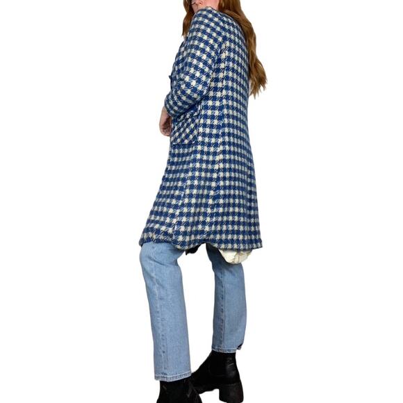 Vintage 70s Size Medium Blue & White Houndstooth Wool Blend Peacoat Jacket - Picture 2 of 9